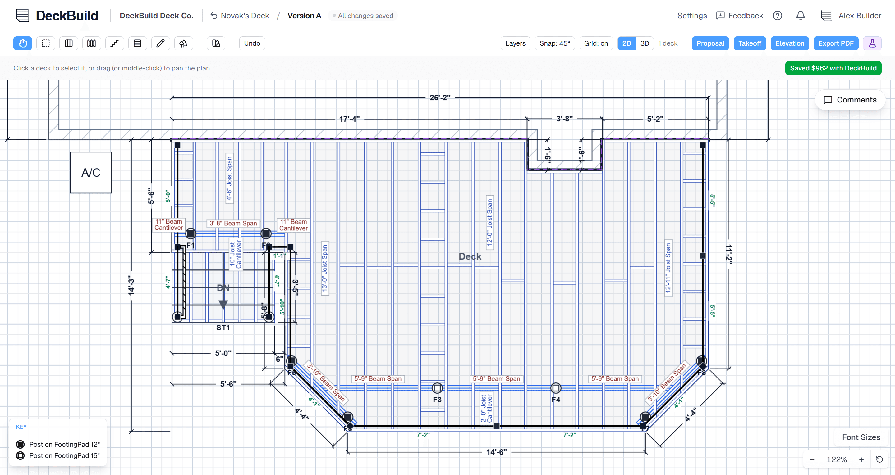 The DeckBuild canvas: a deck footprint being drawn with live dimensions