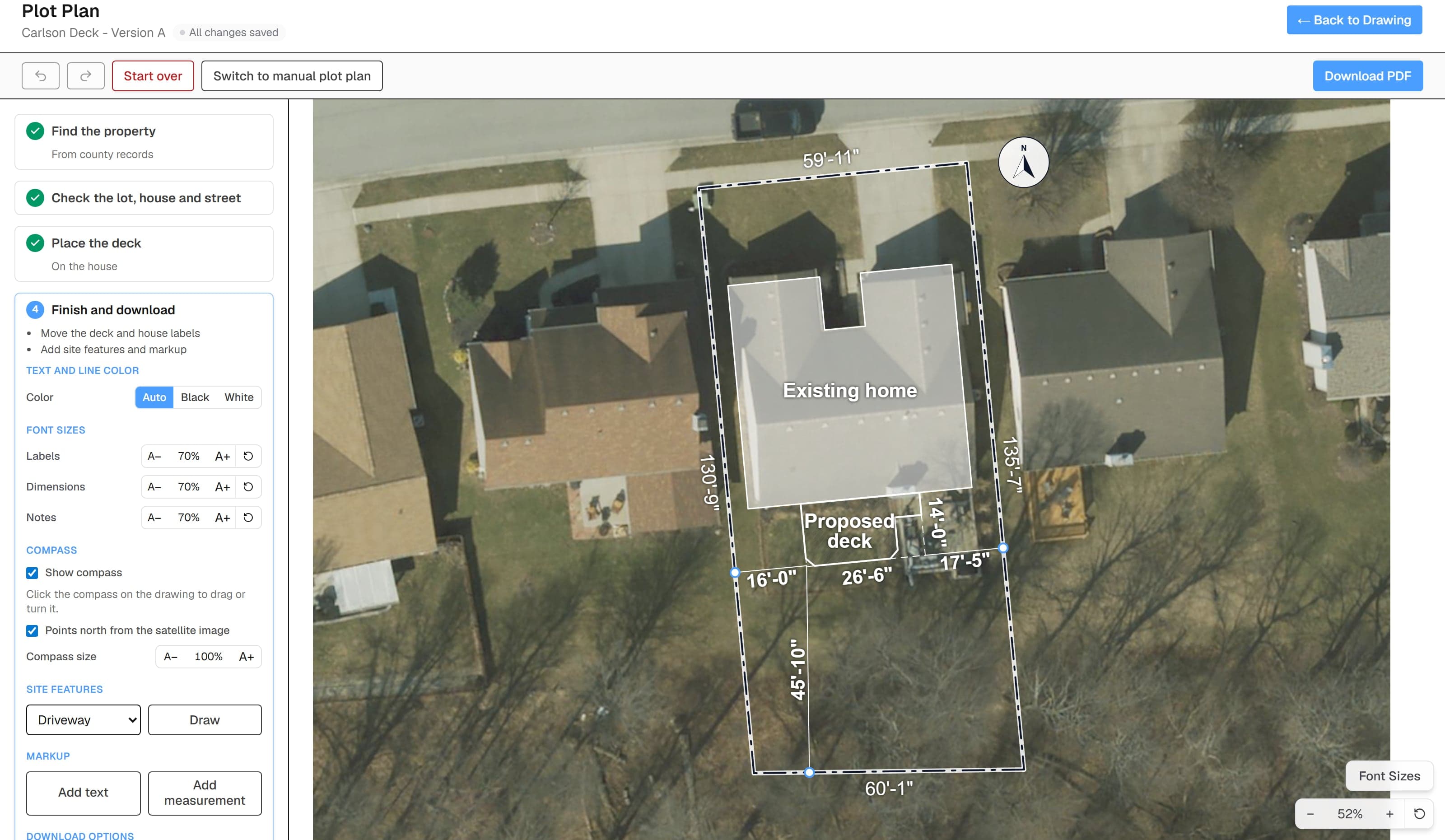 An automatic plot plan on a satellite image, with county lot lines, the house, the deck, and dimensioned setbacks