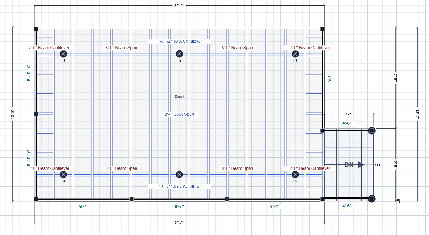 DeckBuild's auto-generated framing layout with posts, beams, and joists
