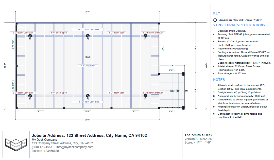 Exported permit-ready deck plans and an itemized material takeoff
